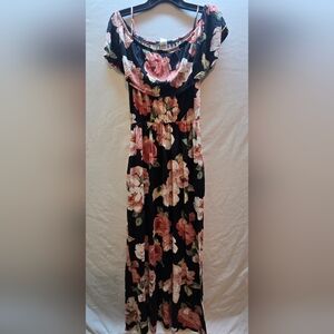7th Ray Black Maxi Dress with Pink Floral Design
